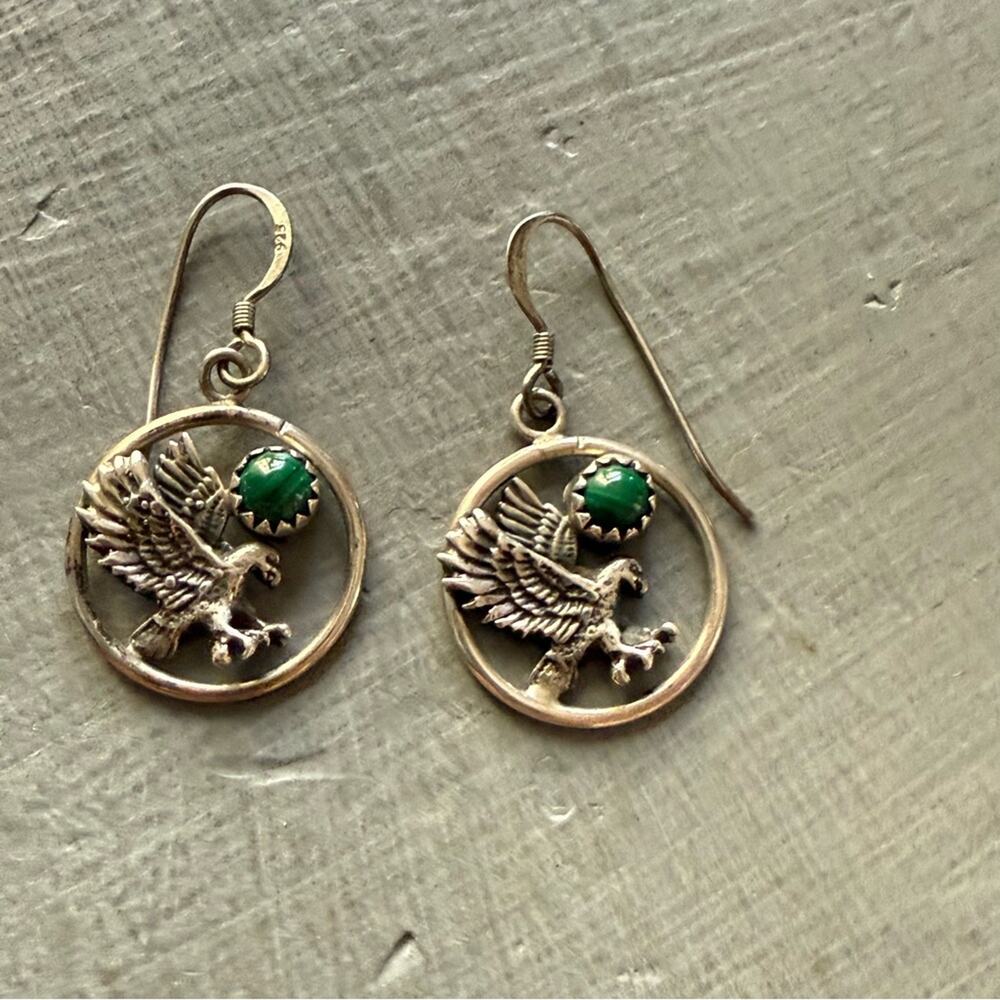925 Sterling Silver Malachite Eagle Earrings - Picture 4 of 7